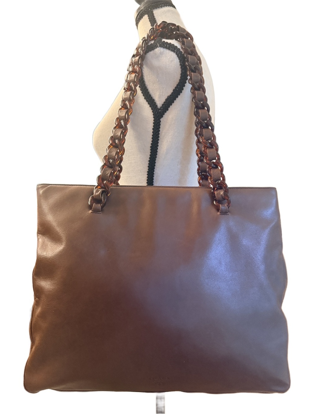 Prada Tessuto Nappa Leather Brown Tortoiseshell Chain Tote Bag w COA - Picture 2 of 16
